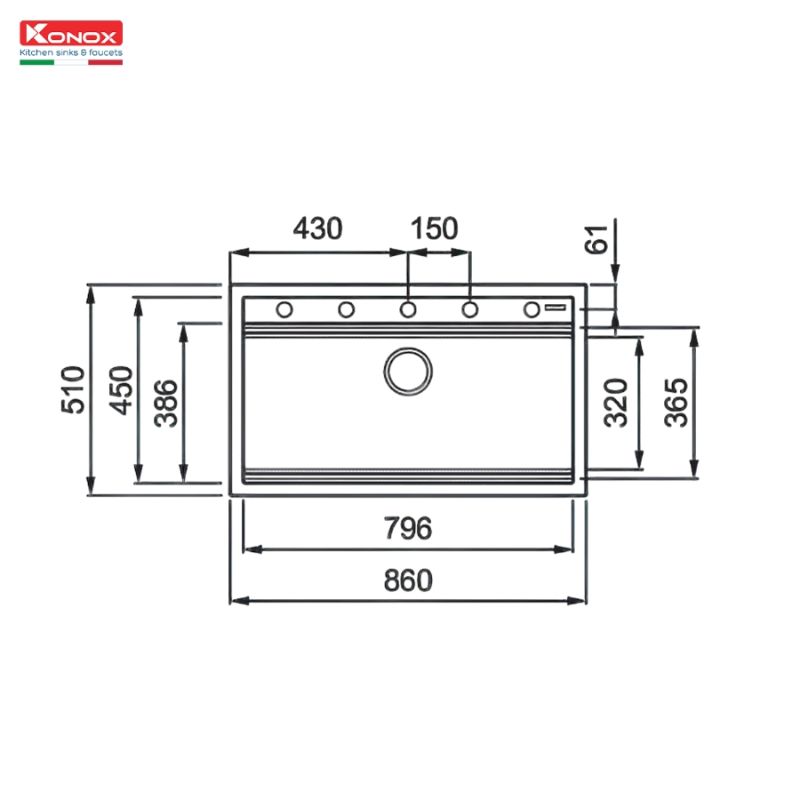 Kích thước chậu rửa bát đá 1 hố Konox Terra 860S Grey Kích thước chậu rửa bát đá 1 hố Konox Terra 860S Grey