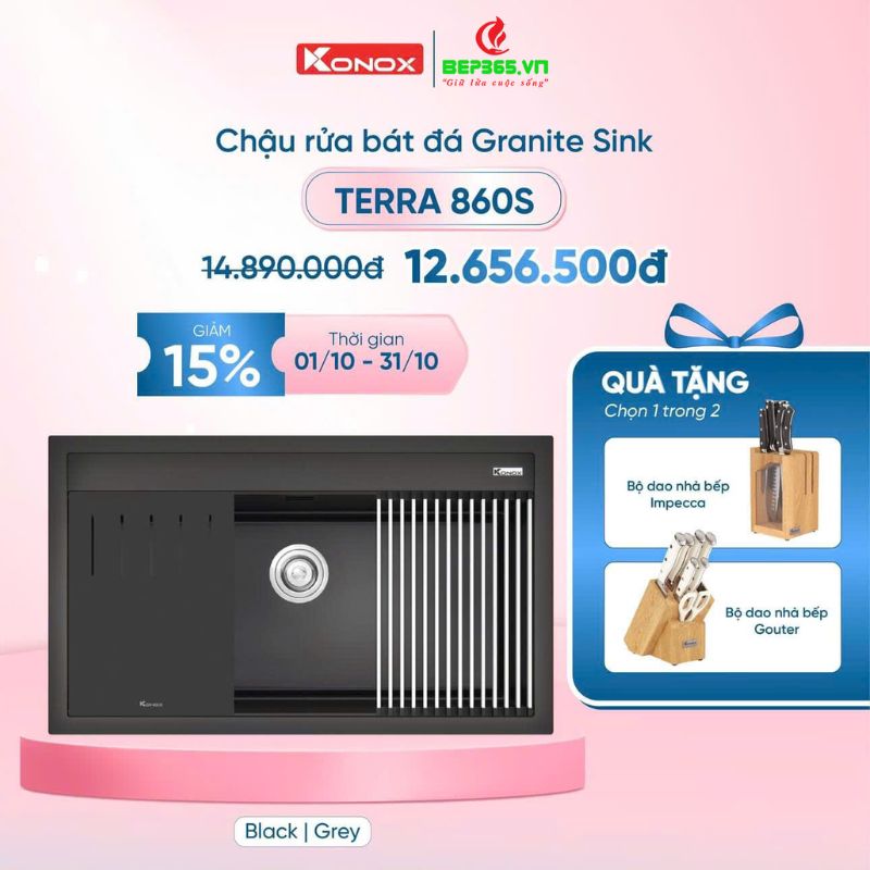 Khuyến mãi chậu rửa bát đá 1 hố Konox Terra 860S Grey Khuyến mãi chậu rửa bát đá 1 hố Konox Terra 860S Grey