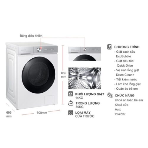 kich thuoc may giat samsung inverter 14 kg ww14bb944dghsv cua truoc