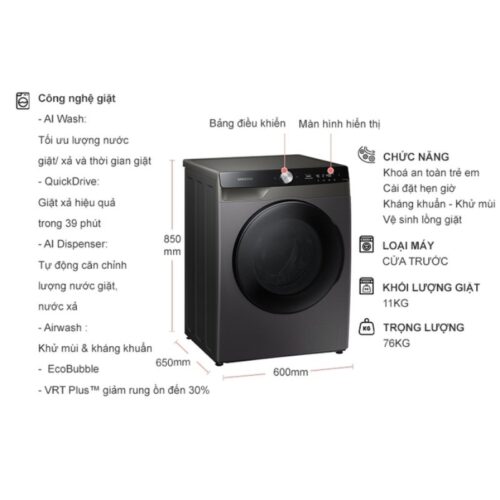 kich thuoc may giat say samsung inverter ai giat 11 kg say 7 kg wd11t734dbx sv
