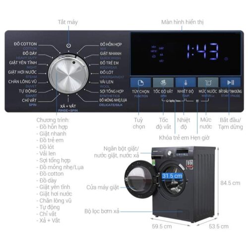 kich thuoc may giat sharp inverter 9 kg es fm90cb sb