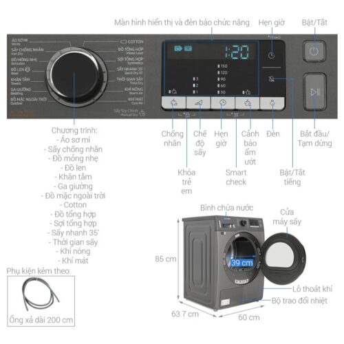 kich thuoc may say bom nhiet samsung 9 kg dv90ta240ax sv